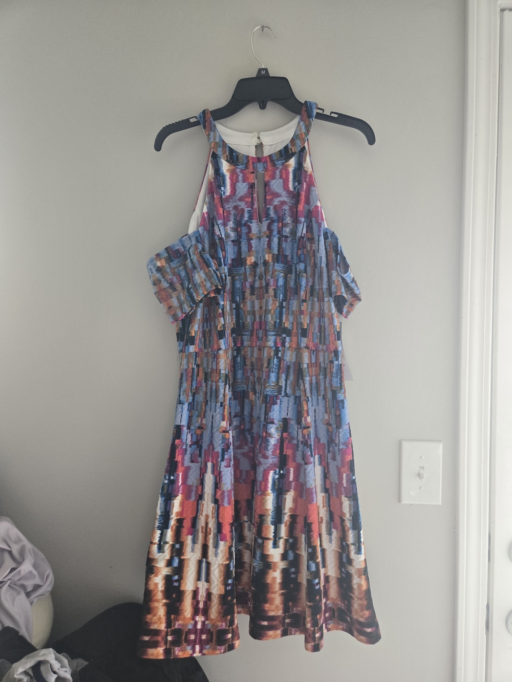 London Times Fashion 14P Cold-Shoulder Halter Dress in Multi-Color